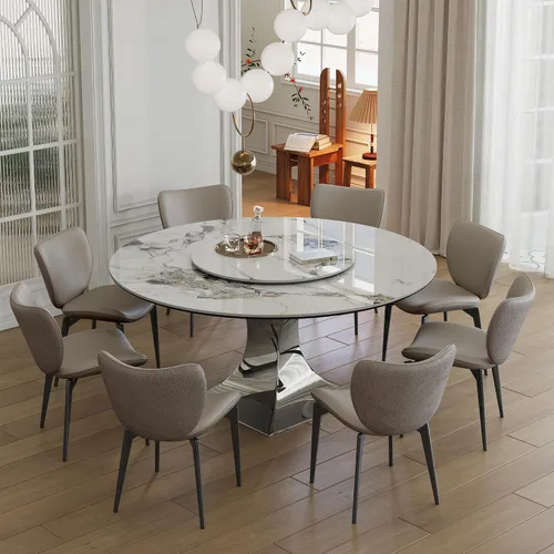Vista 7 de Mesa de comedor redonda, mesa de comedor de piedra sinterizada blanca, base moderna de acero inoxidable sólido