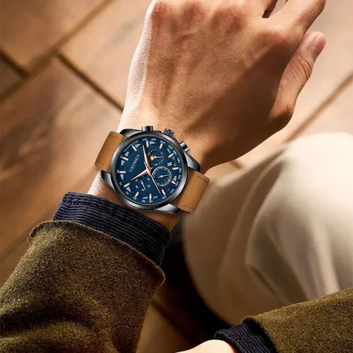 Vista 4 de Watches for Men Chronograph Analog Luminous Quartz Watch Blue Black Luxury Genuine Leather Mens Watches Business Sports Waterproof Wristwatch