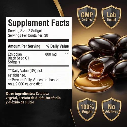 Vista 5 de Cápsulas de aceite de semilla negra etíope 100% pura, 800 mg, 60