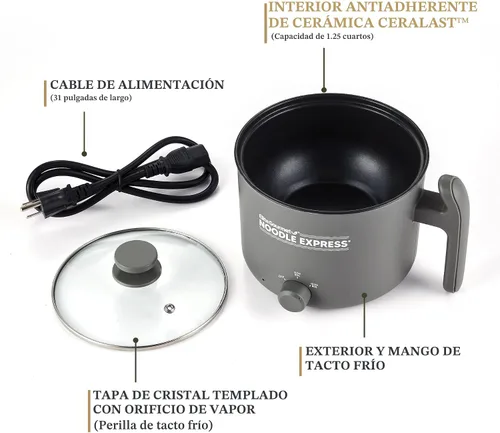 Vista 4 de Elite Gourmet Noodle Express - Olla caliente eléctrica, Ceralast antiadherente, color gris
