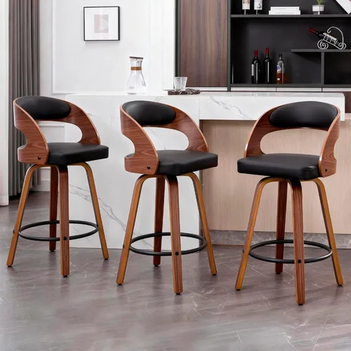 Vista 9 de VipDesk Taburetes de bar giratorios, Taburetes de bar de altura de mostrador de nogal con respaldo y brazos, Taburetes de bar tapizados modernos