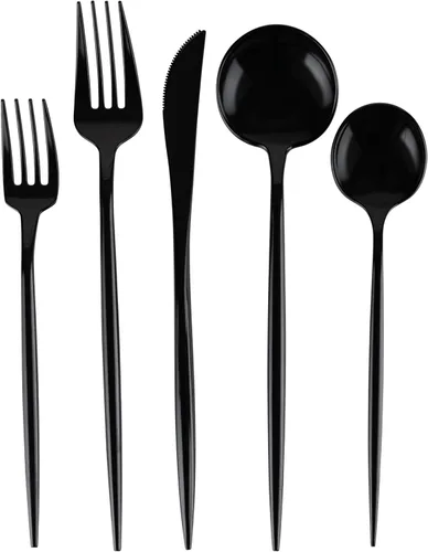 Vista 6 de Party Bargains Juego de cubiertos de plástico desechables, 40 unidades, diseño novedoso, negro, 16 tenedores, 8 cuchillos, 16 cucharas, utensilios