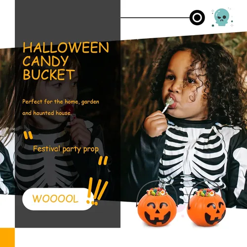 Vista 5 de Cubo de calabaza naranja de 6.7 pulgadas de plástico para dulces con asa para niños truco o trato fiesta de Halloween