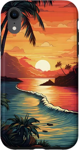 Vista 8 de Funda para iPhone 14 Sunset Beach con palmeras, colorida estética Hawaii