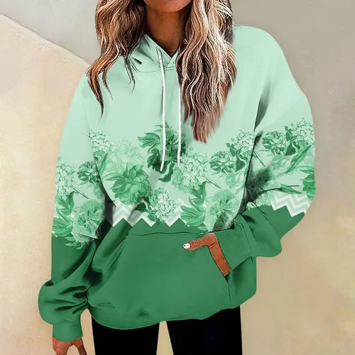 Vista 2 de Sudadera de manga larga para mujer, sudadera estampada con capucha y bolsillo, casual, con cordón, deportiva