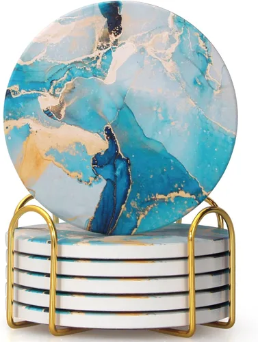 Vista 9 de Juego de 6 posavasos de cerámica abstractos de mármol negro con soporte para escritorio, salón, mesa de café, vino, bebidas, bar