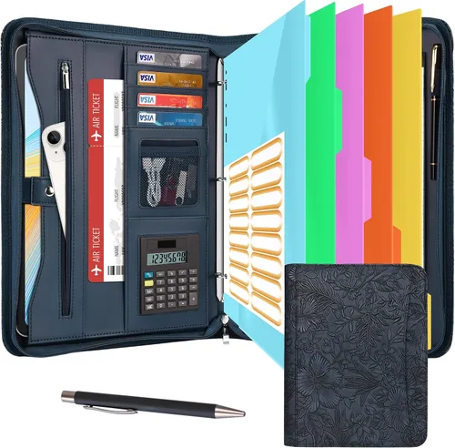 Vista 11 de Eshow Padfolio para hombres y mujeres con bolígrafo, cartera de cuero con cremallera, organizador profesional de currículum de entrevistas