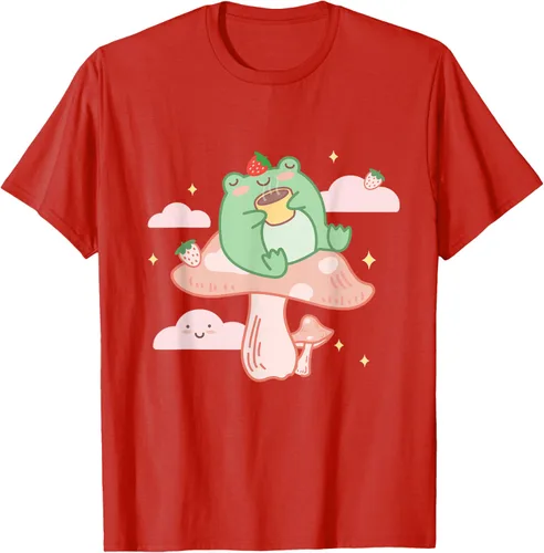 Vista 73 de Kawaii Strawberry Frog On Mushroom - Camiseta de manga corta de anime, Azul / Patchwork, S Azul Pastel