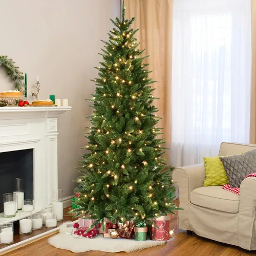 Vista 10 de Liguanow Árbol de Navidad artificial preiluminado de 7 pies con 400 luces LED blancas cálidas, árbol de Navidad delgado realista con bisagras y Azul