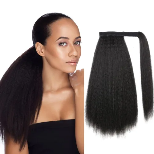 Vista 10 de WIGNEE Extensión de cola de caballo larga rizada recta y envolvente, extensión de cola de caballo Yaki negro natural para mujeres negras, Marrón