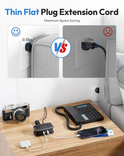 Vista 5 de NTONPOWER - Regleta de alimentación de viaje con puertos USB, enchufe plano de 4 pies envuelto alrededor de cable de extensión corto con 4 tomas, 3