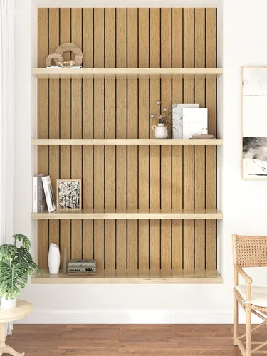 Vista 7 de Paneles de madera marrón para despegar y pegar, panel de listones de pared de madera sintética acústica con textura 3D, autoadhesivo, insonorizado