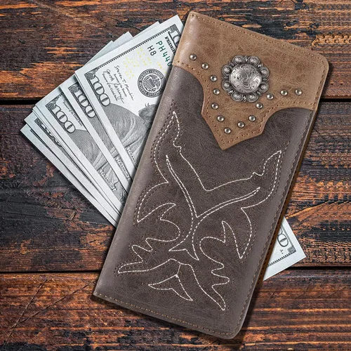 Vista 2 de Montana West Western Wallet American Pride Hair-On - Cartera de cuero genuino con herramientas de estrella solitaria, colección floral en relieve