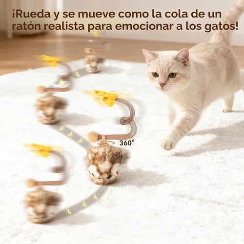 Vista 2 de Migipaws MigiMouse - Juguete interactivo para gatos de 360° con cola de plástico de malla para gatos de interior, sensor de movimiento inteligente