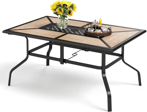 Vista 12 de PHI VILLA Mesa rectangular de comedor con listones de acero metálico para 6 personas con agujero ajustable para paraguas, resistente a la intemperie