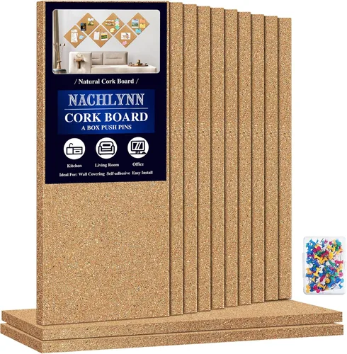 Vista 8 de NACHLYNN Tablón de corcho, paquete de 12 tableros de corcho autoadhesivos de 12 x 12 pulgadas para pared con 100 pasadores de empuje sin marco