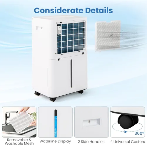 Vista 6 de COSTWAY Deshumidificador de 54 pintas para sótano, deshumidificador de 4500 pies cuadrados con 3 modos, temporizador de 24 horas, pantalla LED, luz