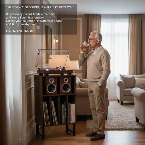 Vista 3 de Soporte para tocadiscos con armario de almacenamiento de vinilo, mesa giratoria para álbumes y LPs, consola multimedia moderna Muebles para sala