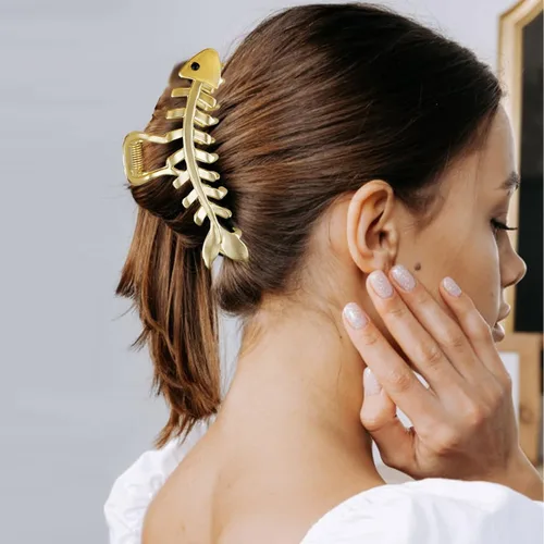 Vista 2 de REDANHA 3 pinzas de metal con forma de hueso de pescado dorado y plateado para cabello grueso y fino, accesorios para el cabello para mujeres y niñas