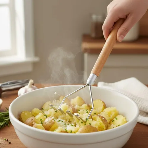 Vista 2 de Soro Essentials - Triturador de patatas cuadrado de 18" cromado con mango de madera- Herramienta de cocina para verduras, bayas, frutas, aguacates