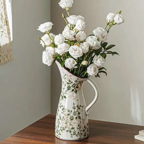 Vista 18 de Jarrón de cerámica verde y blanco con asa, florero rústico para decoración de hogar estilo “chinoiserie”, “grandmillenial” y toscano, jarrón