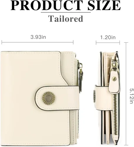 Vista 3 de FALAN MULE Cartera pequeña para mujer, de piel auténtica, plegable, compacta, con bloqueo RFID, pequeña cartera para mujer, AE-blanquecino, Casual