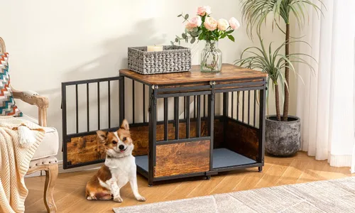 Vista 2 de KOOPRO Mueble de jaula para perros de 32 pulgadas con cojín, resistente para perros medianos Wooden Dog Kennel with Double Doors, Decorative Pet