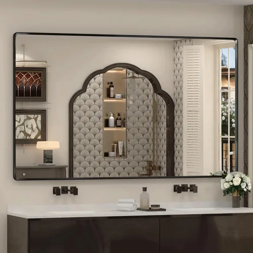 Vista 14 de Espejo rectangular con marco mate negro de 20x30 pulgadas para baño, espejo de tocador para pared de baño con esquinas redondeadas, antióxido y a