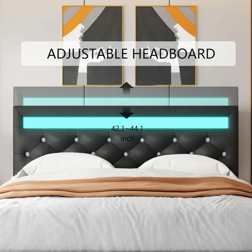 Vista 5 de TTVIEW Base de cama Queen con luces LED, marco de cama de plataforma de cuero con cabecera tapizada ajustable, luces LED de control de aplicación