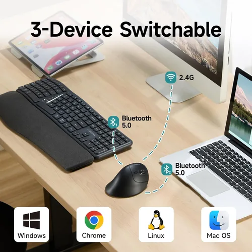 Vista 2 de SANWA Ratón vertical ergonómico multidispositivo, clic silencioso, 5 botones programables, 2 Bluetooth 5.0 + 2.4G Ratones Ergo inalámbricos