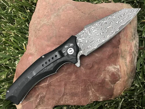Vista 3 de TACTICAL GEARZ Cuchillo de bolsillo de acero de Damasco, cuchillo plegable EDC con mango G10, cuchillo de transporte diario de hoja de damasco de 67
