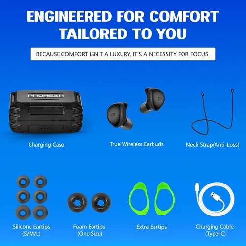 Vista 6 de PROHEAR EP03 - Auriculares Bluetooth de Protección Auditiva - OSHA 25dB NRR, Verdaderamente Inalámbricos, Resistente con 2 Micrófonos ENC