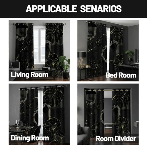 Vista 6 de Cortinas opacas negras y doradas, cortinas modernas de mediados de siglo para dormitorio, sala de estar, 63 pulgadas de largo, juego de 2 paneles