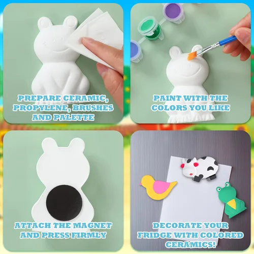 Vista 5 de Sinmoe 12 juegos de kit de arte y manualidades, kit de pintura de cerámica sin pintar DIY, pinta tus propias figuras con 12 imanes, 2 pinceles y 1