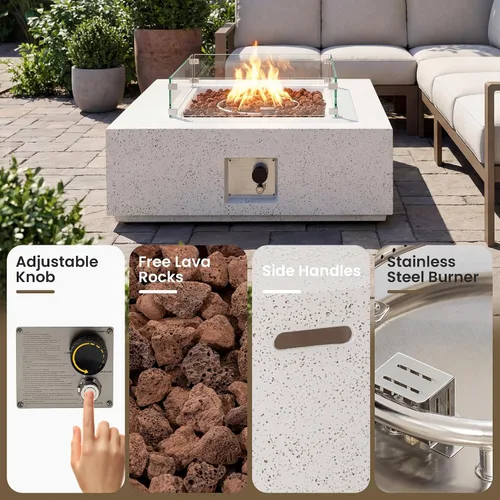 Vista 4 de COSIEST mesa de fogata a propano para exteriores de 35 pulgadas cuadrada de arenisca con protector contra el viento y mesa lateral, certificada