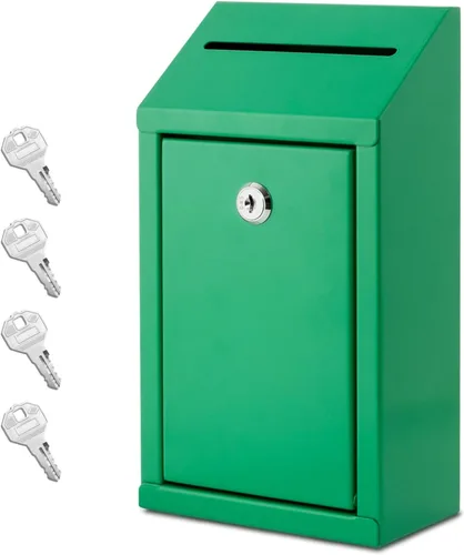 Vista 9 de EIENHOSHI Caja de donación de metal con cerradura, montaje en pared, caja de sugerencias con 4 llaves de hierro, color negro, caja de dinero