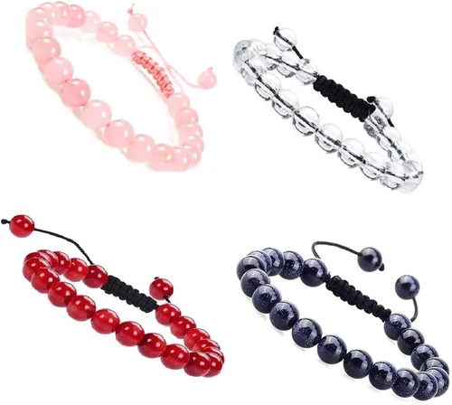 Vista 3 de Pulsera de cuentas de cristal de piedras preciosas de curación natural, unisex, ajustable, macramé, pulseras elásticas de ojo de tigre, amazonita