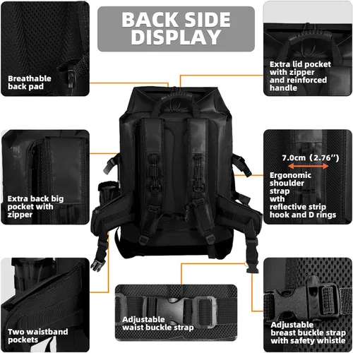 Vista 4 de MORXPLOR Mochila impermeable, mochila de senderismo resistente, cierre superior enrollable de 35L/55L con tapa, bolsa seca flotante acolchada Negro