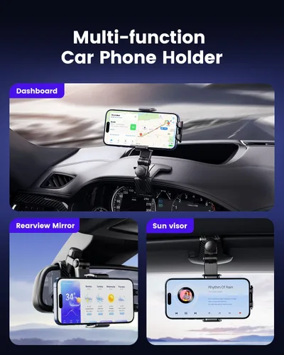 Vista 2 de Soporte de teléfono para tablero de instrumentos con clip anticaída, rotación de 360°, soporte multifuncional para teléfono celular para iPhone