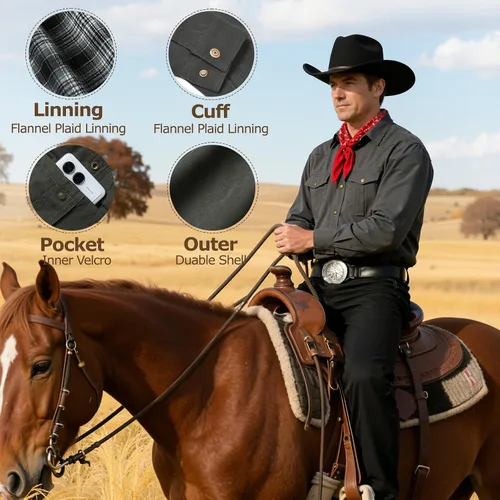 Vista 3 de Zando Chaqueta tipo camisa con forro de franela para hombre, ligera, con botones a presión, chaqueta vaquera de sarga occidental para hombre