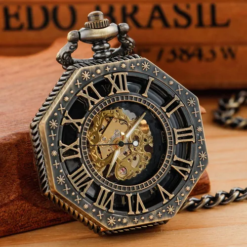 Vista 4 de Bronze Men's Antique Mechanical Pocket Watch, Skeleton Mechanical Roman Numerals Pocket Watch with Chain + Box