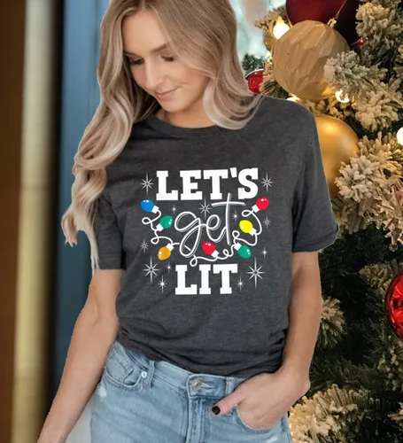 Vista 5 de Let's Get Lit - Camiseta de manga corta con luces de Navidad para mujer, con bonito gráfico