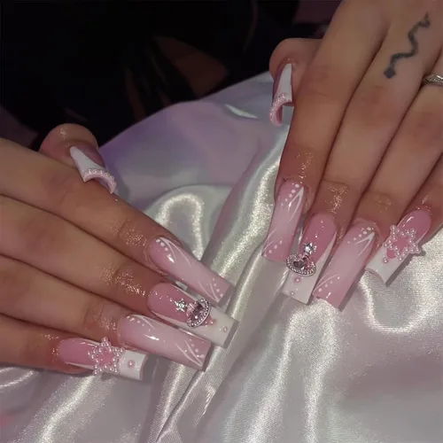 Vista 11 de Lindas uñas a presión de tamaño mediano - Uñas falsas cuadradas con punta francesa, uñas acrílicas rojas de cobertura completa brillantes