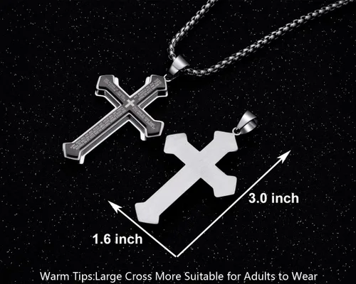 Vista 2 de Rehoboth Collar con colgante de cruz de oración del señor de acero inoxidable para hombre y mujer, colgante grande y cadena fuerte, 24 pulgadas