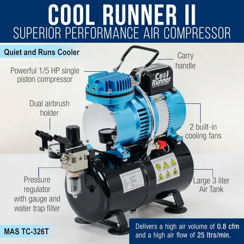 Vista 4 de Master Airbrush Cool Runner II Kit de sistema de compresor de tanque de aire de doble ventilador con kit profesional de aerógrafo de gravedad G233