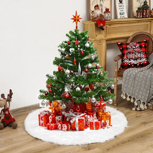 Vista 5 de Falda de árbol de Navidad de 58 pulgadas, falda de árbol de piel sintética nevada gruesa de lujo extra grande, terciopelo de felpa blanco
