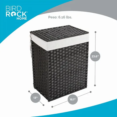 Vista 2 de BIRDROCK HOME Cesta de lavandería individual con tapa - Marrón - Bolsa forrada - Tejida a mano - Cesta pequeña plegable - Contenedor plegable