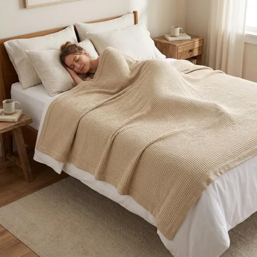 Vista 2 de Cobija TreeWool liviana de algodón, de cuidado fácil, suave, cómoda y cálida (king size, 90 x 108 pulgadas, tejido reticular) Breathable