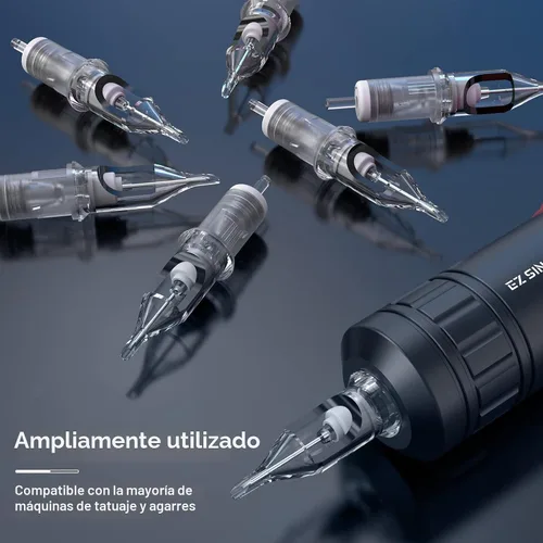 Vista 7 de EZ 100 agujas de cartucho de tatuaje Revolution surtidas 3RL 5RL 7RL 5RS 7RS 7M1 9M1 11M1 9CM 15CM con 2 agarres de aluminio agujas de tatuaje