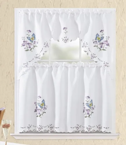 Vista 21 de YHSF Set de cortinas de cocina de 3 piezas con cenefa - Juego de cortinas de ventana de 2 niveles y cenefa con diseño de bolsillo para barra